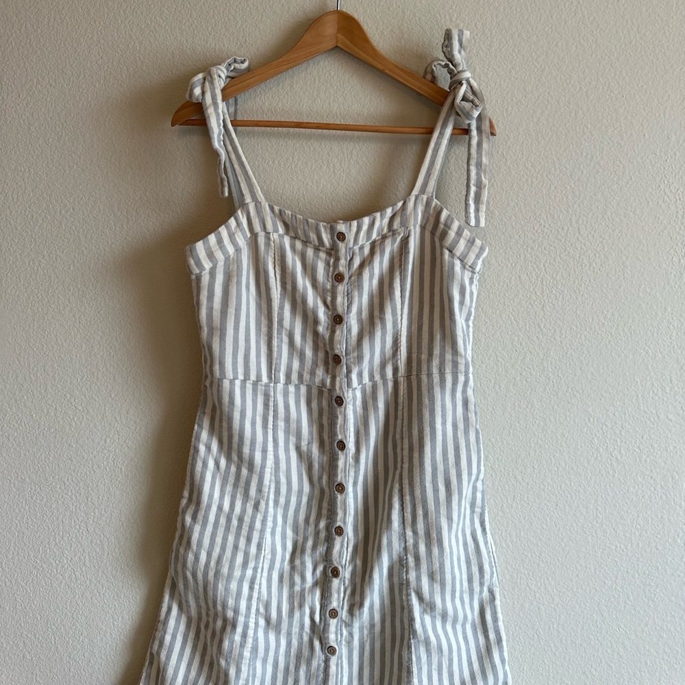Faherty Cream and Tan Striped Linen Maxi Dress with Tie Straps - Picture 4 of 16